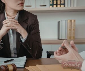 woman sitting at a table with a person looking at a contract